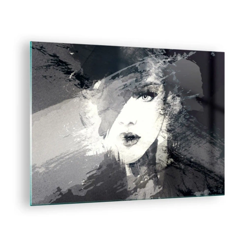 Tablou pe sticlă - Fața unei femei este parțial acoperită cu pete gri abstracte. - 70x50cm - Din spatele unui voal gri - Decorațiune modernă pentru perete pentru living și dormitor ARTTOR