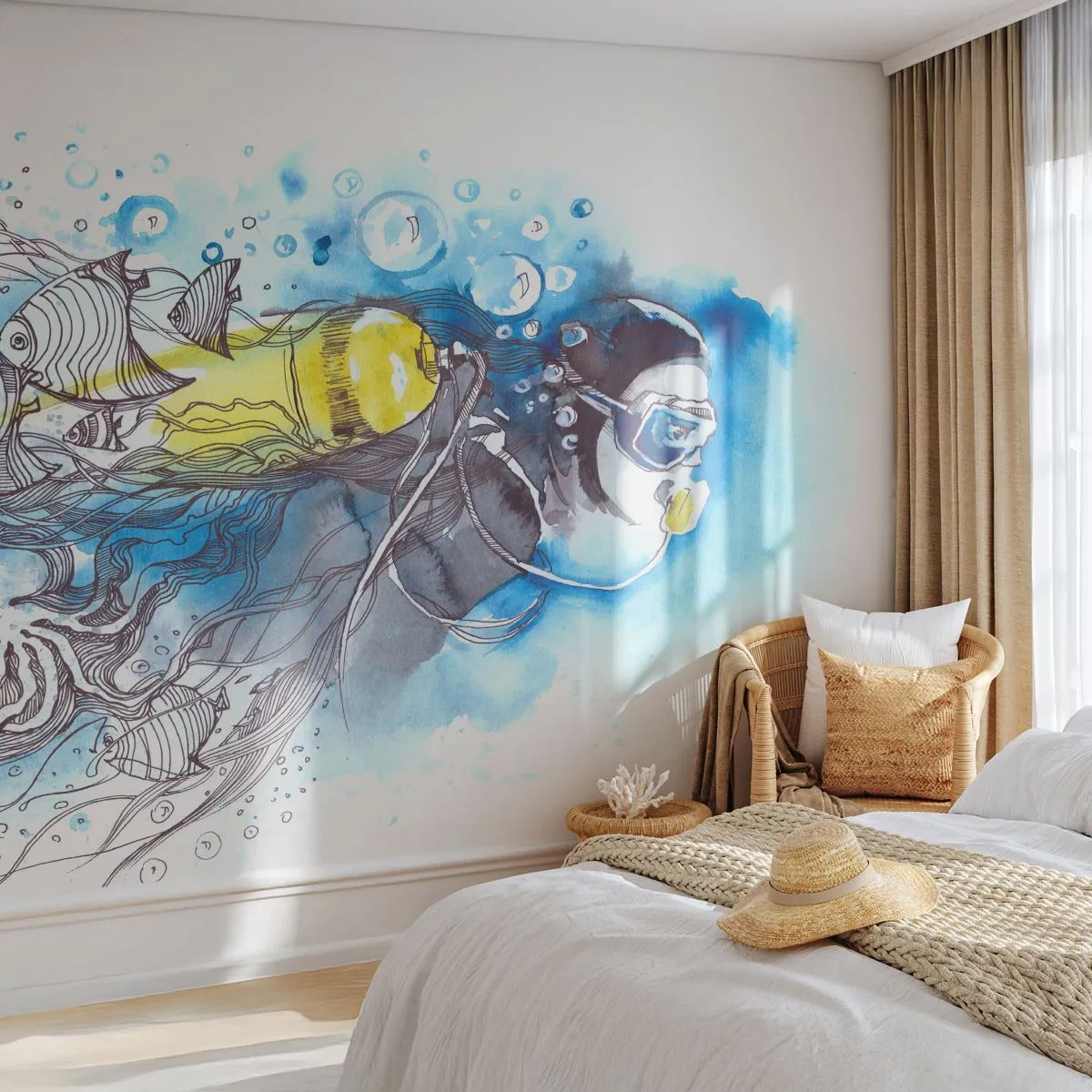 Tapet Standard Eco - Un scafandru care explorează lumea subacvatică în stil acuarelă. - 100x70cm - Marele albastru - Decorațiune modernă pentru perete pentru living și dormitor ARTTOR