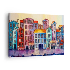 Tablou pe pânză Canvas - Case de locuit colorate lângă apă, într-un stil artistic - 70x50cm - Un oraș ca în basm - Decorațiune modernă pentru perete pentru living și dormitor ARTTOR