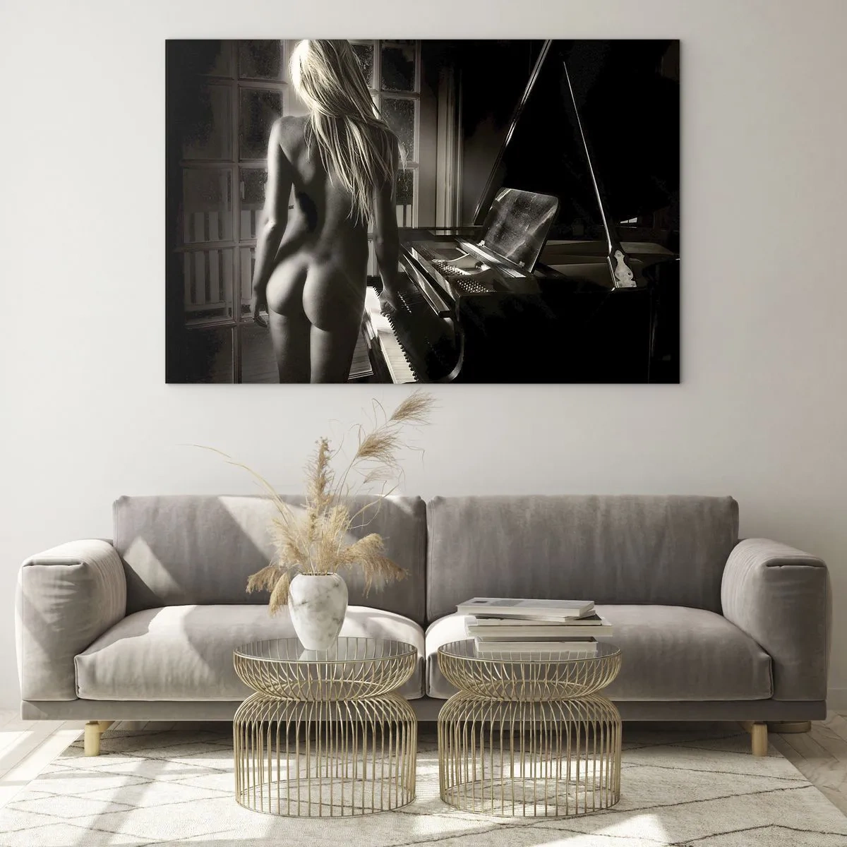 Tablou pe sticlă - femeie la pian în lumină sepia - 70x50cm - Armonia perfectă a serii - Decorațiune modernă pentru perete pentru living și dormitor ARTTOR