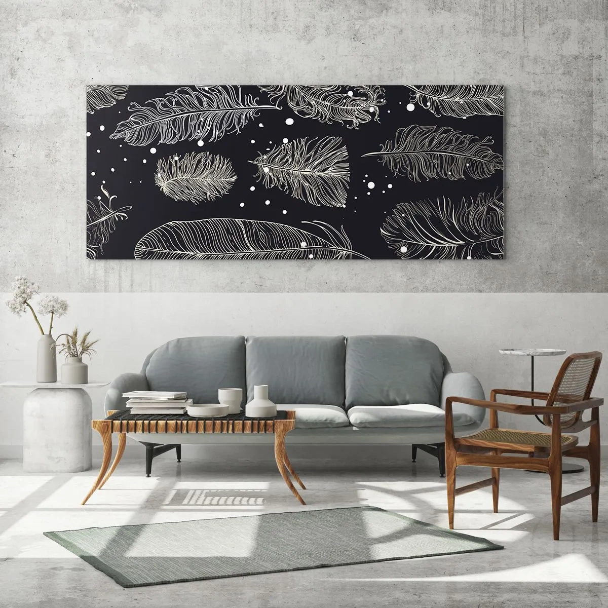 Tablou pe sticlă - Dantelă cu pene - 100x40 cm