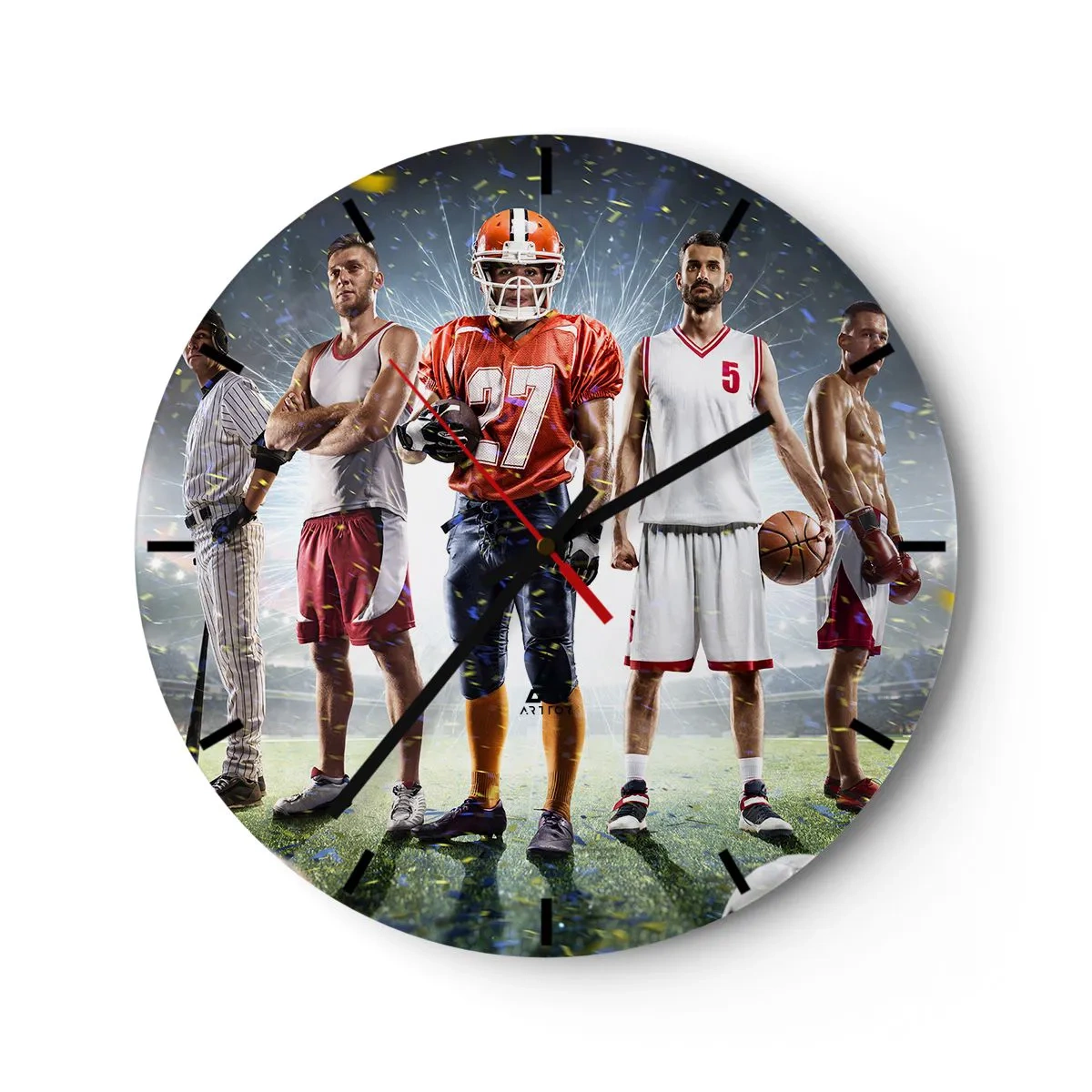 Ceas de perete - Ceas pe sticlă - Un grup de sportivi pe fundalul unui stadion iluminat de reflectoare - 30x30cm - Gladiatori ai terenului de joc - Decorațiune modernă pentru perete pentru living, bucătărie și dormitor ARTTOR