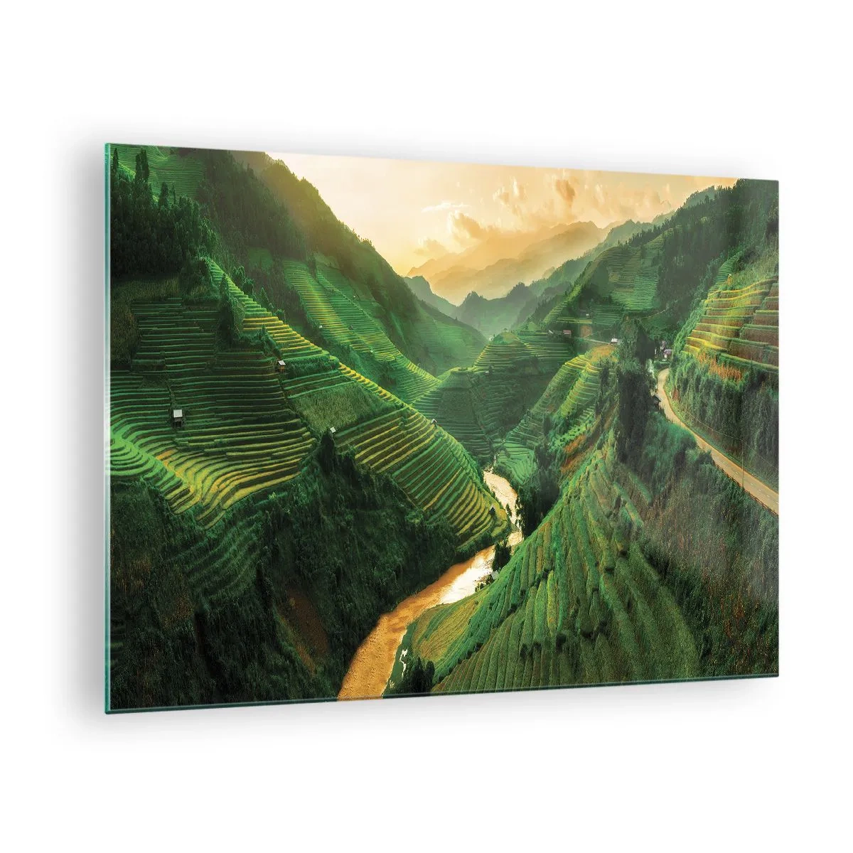 Tablou pe sticlă - Terase de orez pitorești în vale la apus - 70x50cm - Valea vietnameză - Decorațiune modernă pentru perete pentru living și dormitor ARTTOR