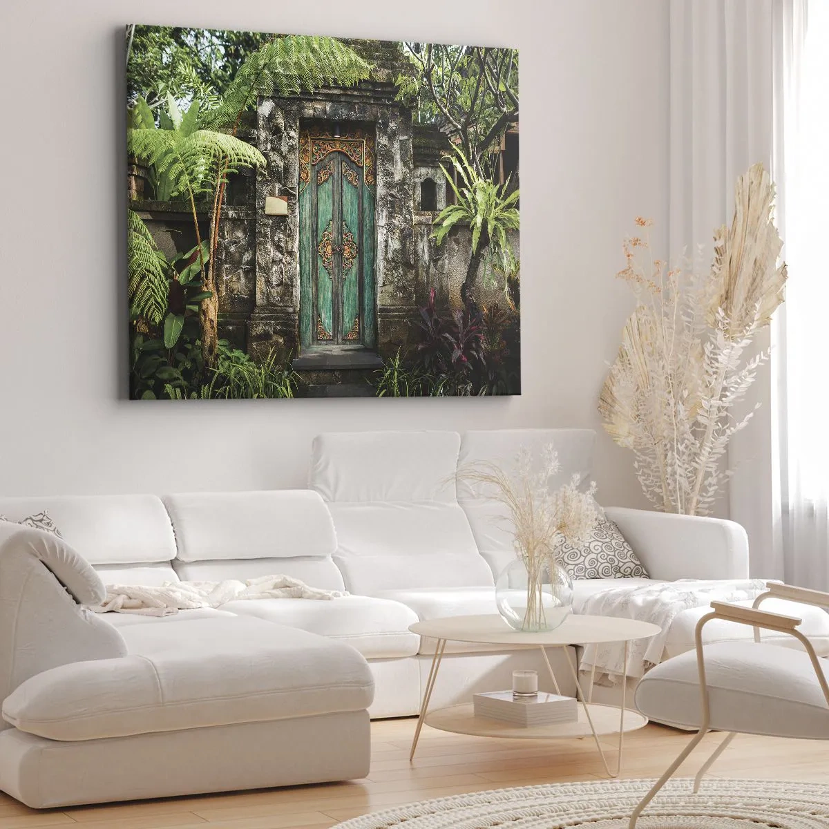 Tablou pe pânză Canvas - Uși decorative înconjurate de vegetație tropicală - 70x50cm - O ușă către o lume exotică - Decorațiune modernă pentru perete pentru living și dormitor ARTTOR