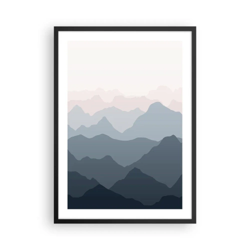 Poster în ramă neagră - Lanțuri muntoase stratificate în nuanțe de albastru și gri - 50x70cm - Valuri de munți - Decorațiune modernă pentru perete pentru living și dormitor ARTTOR