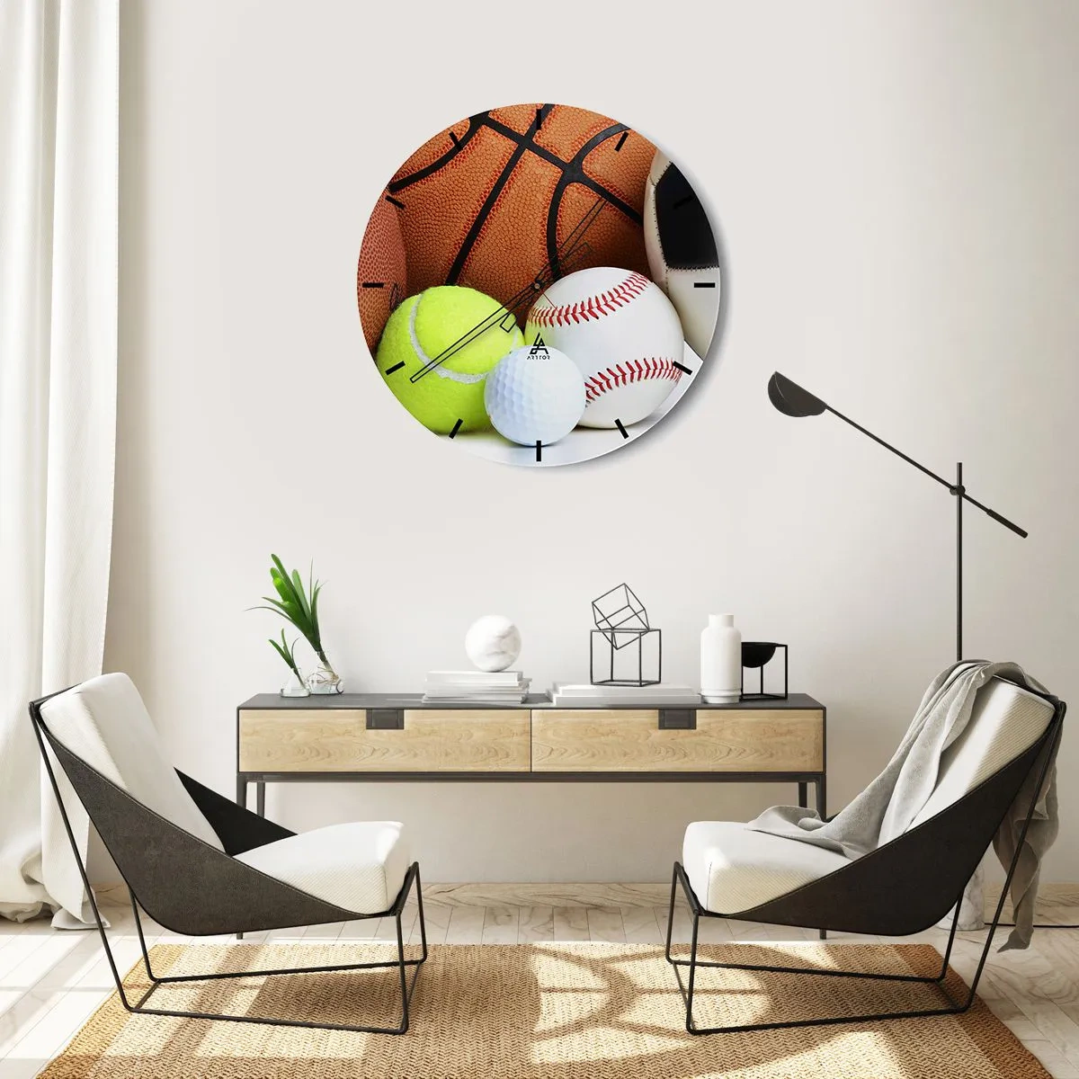 Ceas de perete - Ceas pe sticlă - Mingi sportive în diverse discipline - 30x30cm - Ne leagă mingea! - Decorațiune modernă pentru perete pentru living, bucătărie și dormitor ARTTOR