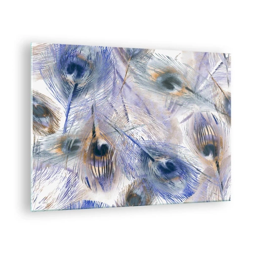 Tablou pe sticlă - Pene delicate de păun în nuanțe de albastru și maro - 70x50cm - Compoziția penelor de păun - Decorațiune modernă pentru perete pentru living și dormitor ARTTOR