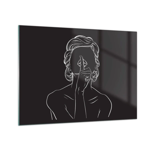 Tablou pe sticlă - O siluetă minimalistă a unei femei care face un gest de tăcere. - 70x50cm - Frumusețea înflorește în tăcere - Decorațiune modernă pentru perete pentru living și dormitor ARTTOR