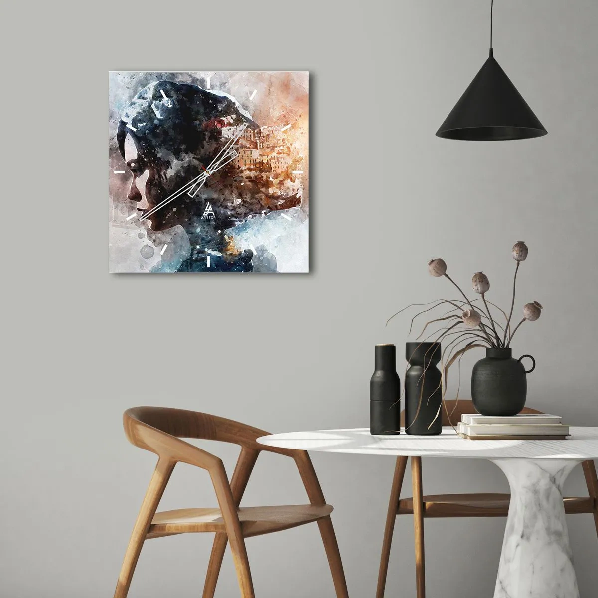 Ceas de perete - Ceas pe sticlă - Povestea unei fete cu un oraș în fundal - 30x30 cm