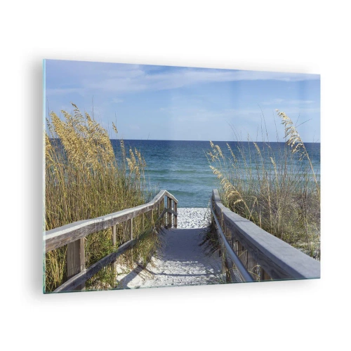 Tablou pe sticlă - Calea spre plajă cu vedere la mare - 70x50cm - În soare, în vânt - Decorațiune modernă pentru perete pentru living și dormitor ARTTOR