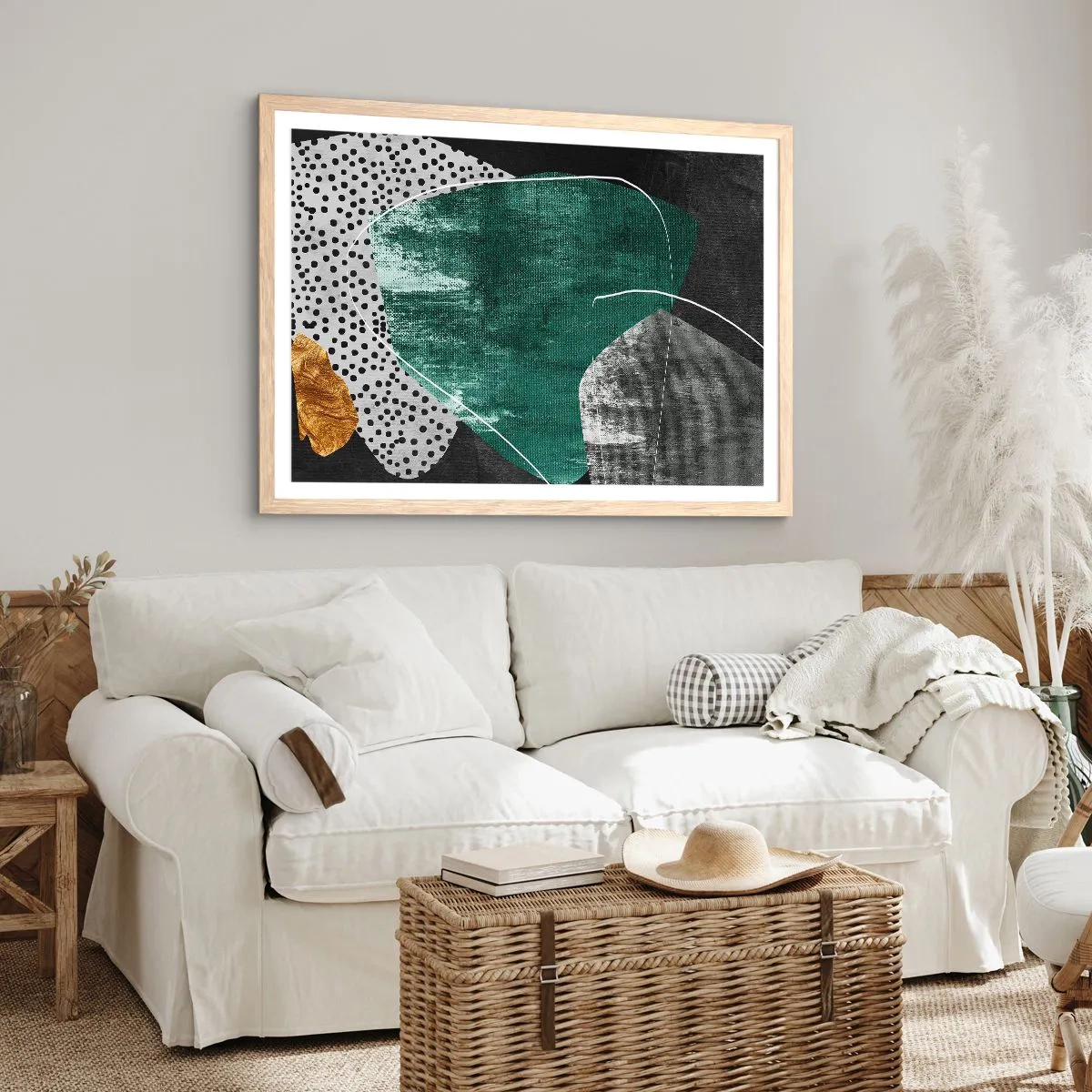 Poster în ramă de stejar deschis - Abstracție colorată cu fulgi de aur - 100x70 cm