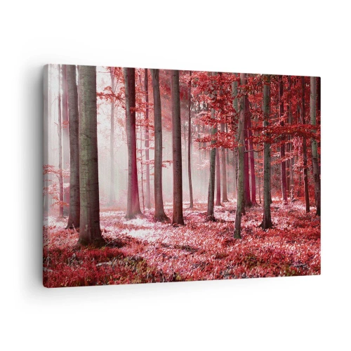 Tablou pe pânză Canvas - O pădure uimitoare în nuanțe roșii, cu raze de lumină care pătrund printre copaci - 70x50cm - Roșie este la fel de frumoasă - Decorațiune modernă pentru perete pentru living și dormitor ARTTOR