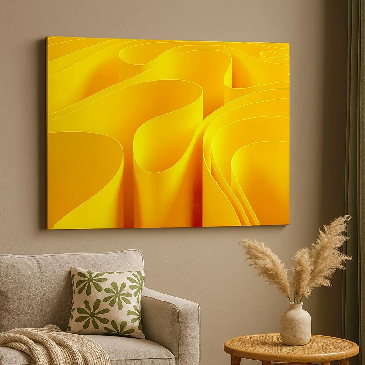 Tablou pe pânză Canvas - Valuri abstracte galbene care seamănă cu razele soarelui - 70x50cm - Ca niște valuri de soare - Decorațiune modernă pentru perete pentru living și dormitor ARTTOR