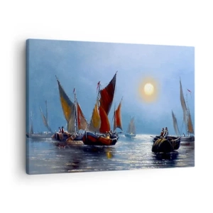 Tablou pe pânză Canvas - Bărci cu vele pe ape calme la apus - 70x50cm - Pescuit de noapte - Decorațiune modernă pentru perete pentru living și dormitor ARTTOR