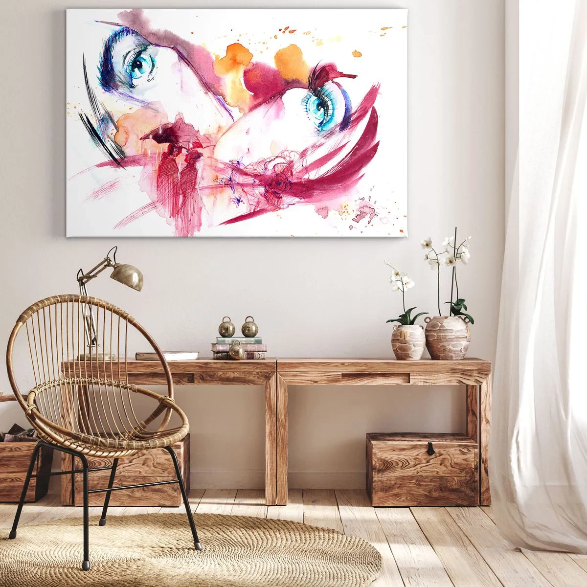 Tablou pe pânză Canvas - O față abstractă cu ochi expresivi și accente roșii. - 70x50cm - În apropiere, lumea înflorește - Decorațiune modernă pentru perete pentru living și dormitor ARTTOR