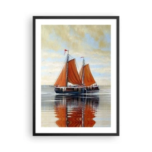 Poster în ramă neagră - Bărci cu pânze pe ape calme cu vele roșii - 50x70cm - Hei, marinarule, navighează... - Decorațiune modernă pentru perete pentru living și dormitor ARTTOR