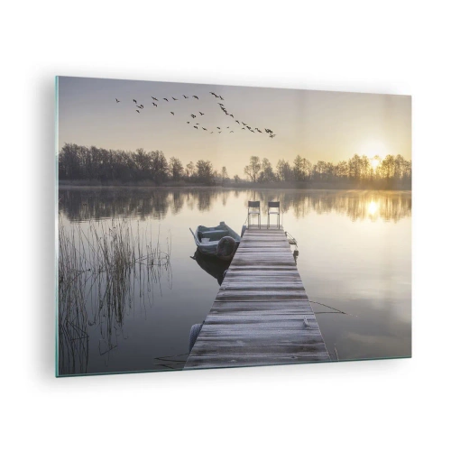 Tablou pe sticlă - Dimineață la lac cu un dig - 70x50cm - O să mă întorc în curând - Decorațiune modernă pentru perete pentru living și dormitor ARTTOR
