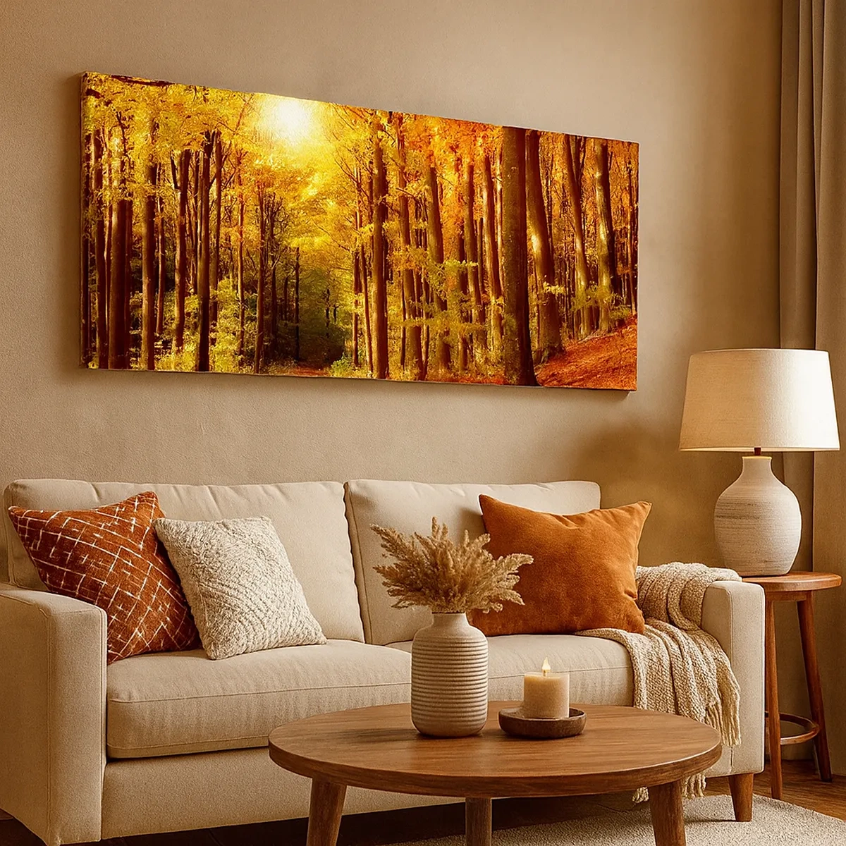 Tablou pe pânză - Toamna de aur pe un drum forestier - 30x30 cm