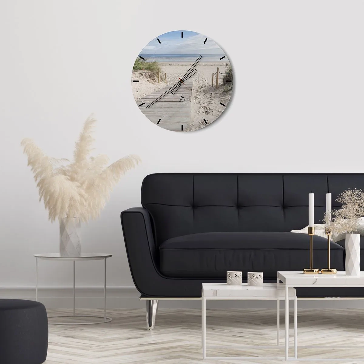 Ceas de perete - Ceas pe sticlă - Drum de lemn care duce la plajă cu vedere la mare - 30x30cm - Dincolo de orizont - Decorațiune modernă pentru perete pentru living, bucătărie și dormitor ARTTOR