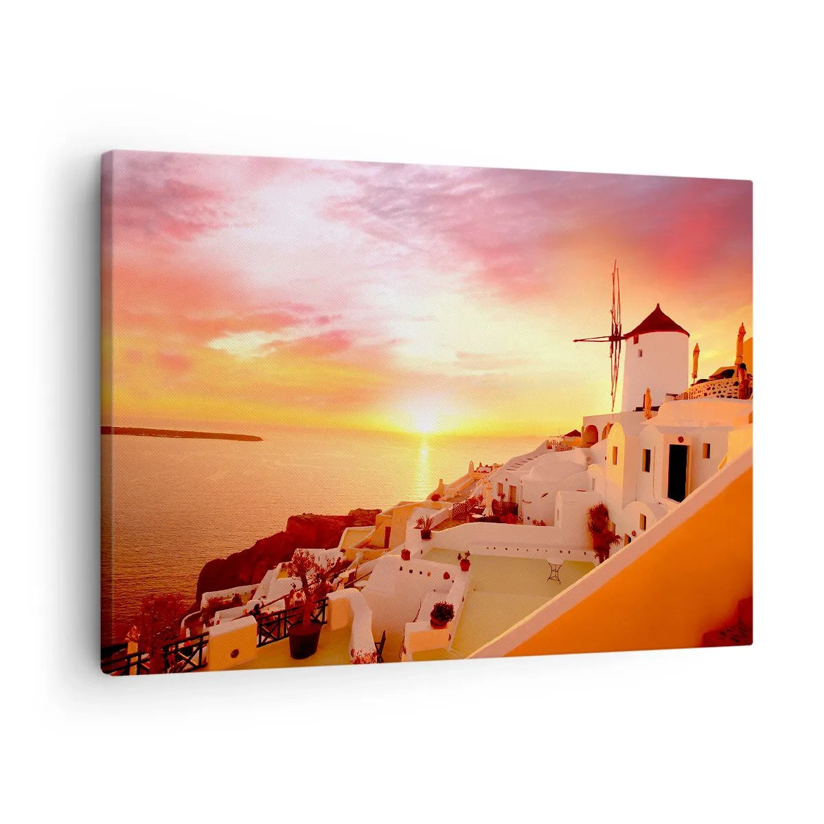 Tablou pe pânză Canvas - Santorini la apus cu o moară de vânt - 70x50cm - Dizolvându-se în alb și auriu - Decorațiune modernă pentru perete pentru living și dormitor ARTTOR