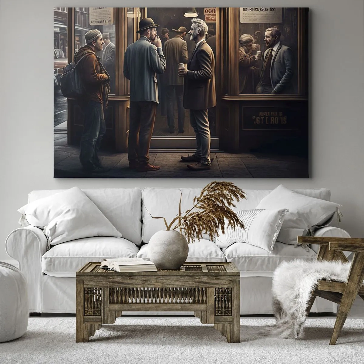 Tablou pe pânză Canvas - Scenă stradală cu oameni în fața unei cafenele retro - 70x50cm - Cel mai bun moment al zilei - Decorațiune modernă pentru perete pentru living și dormitor ARTTOR