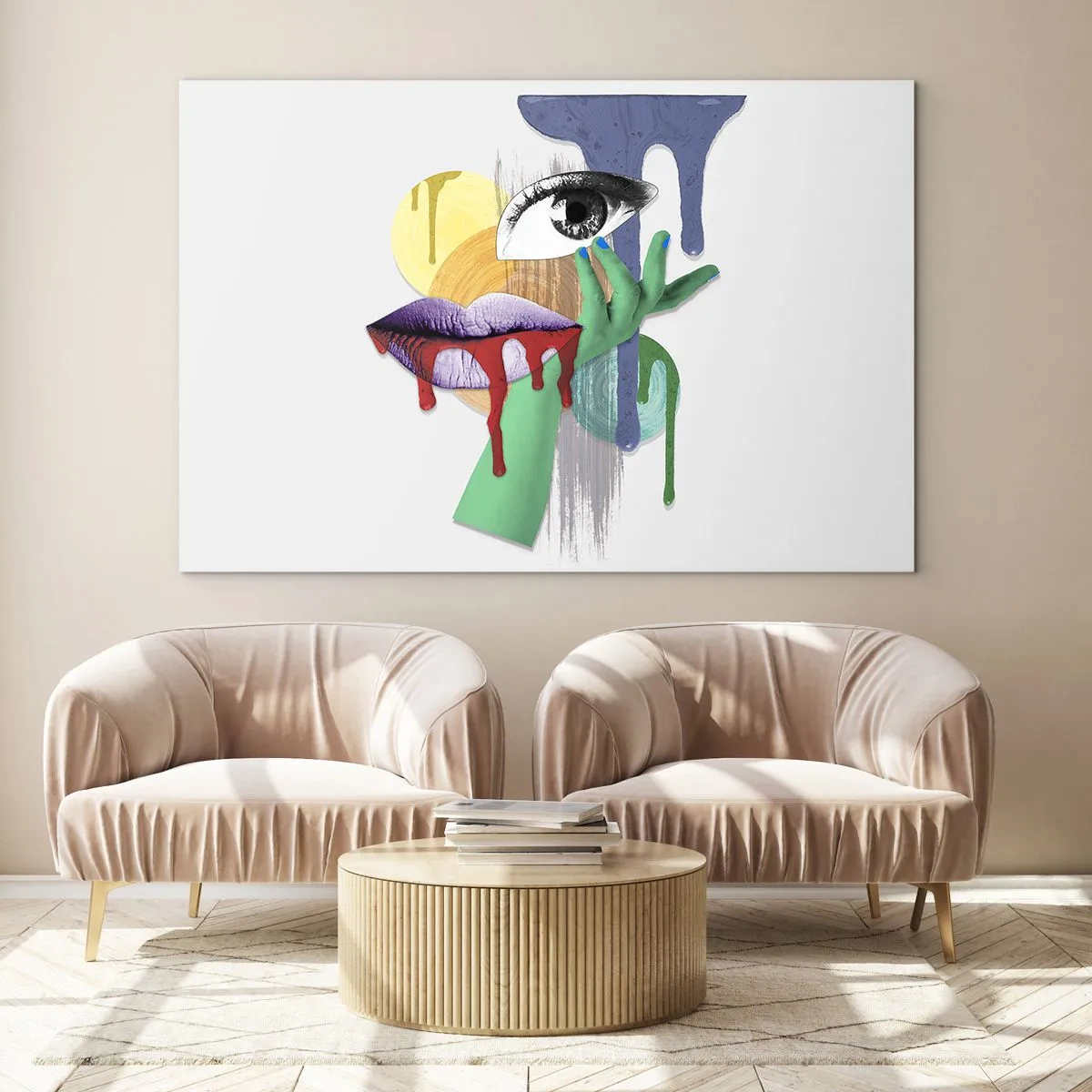 Tablou pe sticlă - Compoziție abstractă cu ochi, gură și culori - 70x50cm - Portret deconstruit - Decorațiune modernă pentru perete pentru living și dormitor ARTTOR