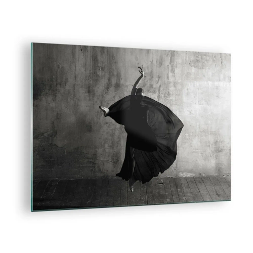Tablou pe sticlă - Siluetă alb-negru a unui dansator într-o poză dinamică - 70x50cm - Un pas pasional - Decorațiune modernă pentru perete pentru living și dormitor ARTTOR