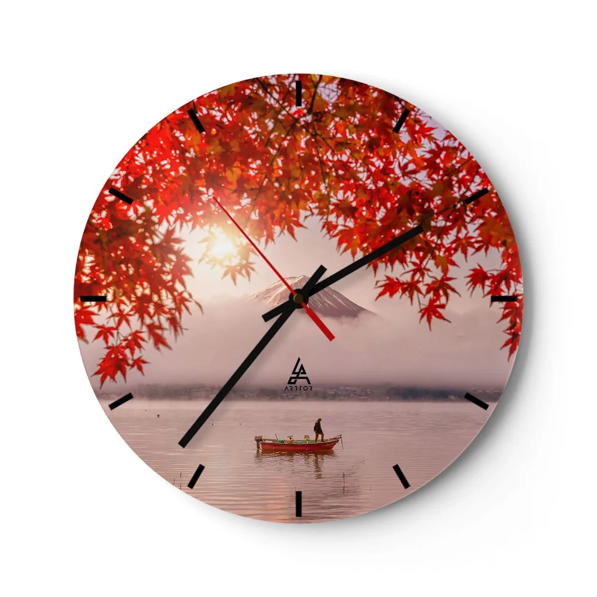 Ceas de perete - Ceas pe sticlă - Frunze de toamnă cu Muntele Fuji în fundal și o barcă pe un lac - 30x30cm - În stil japonez - Decorațiune modernă pentru perete pentru living, bucătărie și dormitor ARTTOR