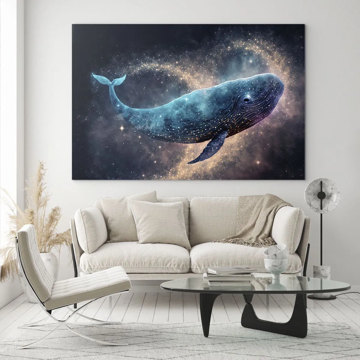 Tablou pe sticlă - Balenă albastră plutind în galaxie - 70x50cm - Există o lume... - Decorațiune modernă pentru perete pentru living și dormitor ARTTOR