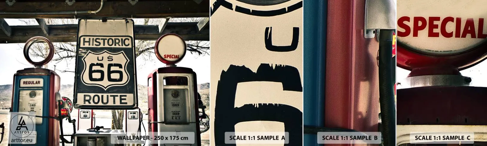 Mostră tapet autocolant Deluxe Sticker - O călătorie americană retro - Epocă, Ruta 66, Ruta 66 - 100x30 cm