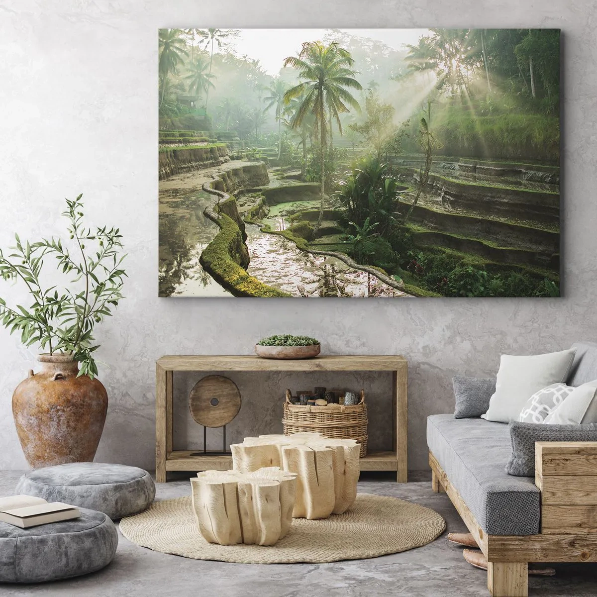 Tablou pe pânză Canvas - Terase de orez cu palmieri în razele soarelui - 70x50cm - Crescând la soare - Decorațiune modernă pentru perete pentru living și dormitor ARTTOR
