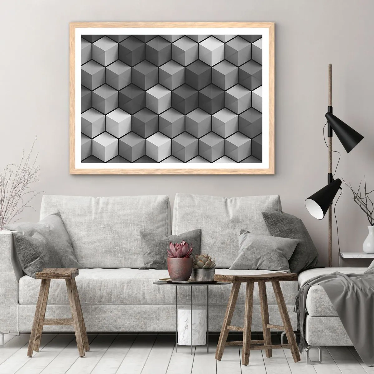 Poster în ramă de stejar deschis - Puzzle cubist - 100x70 cm
