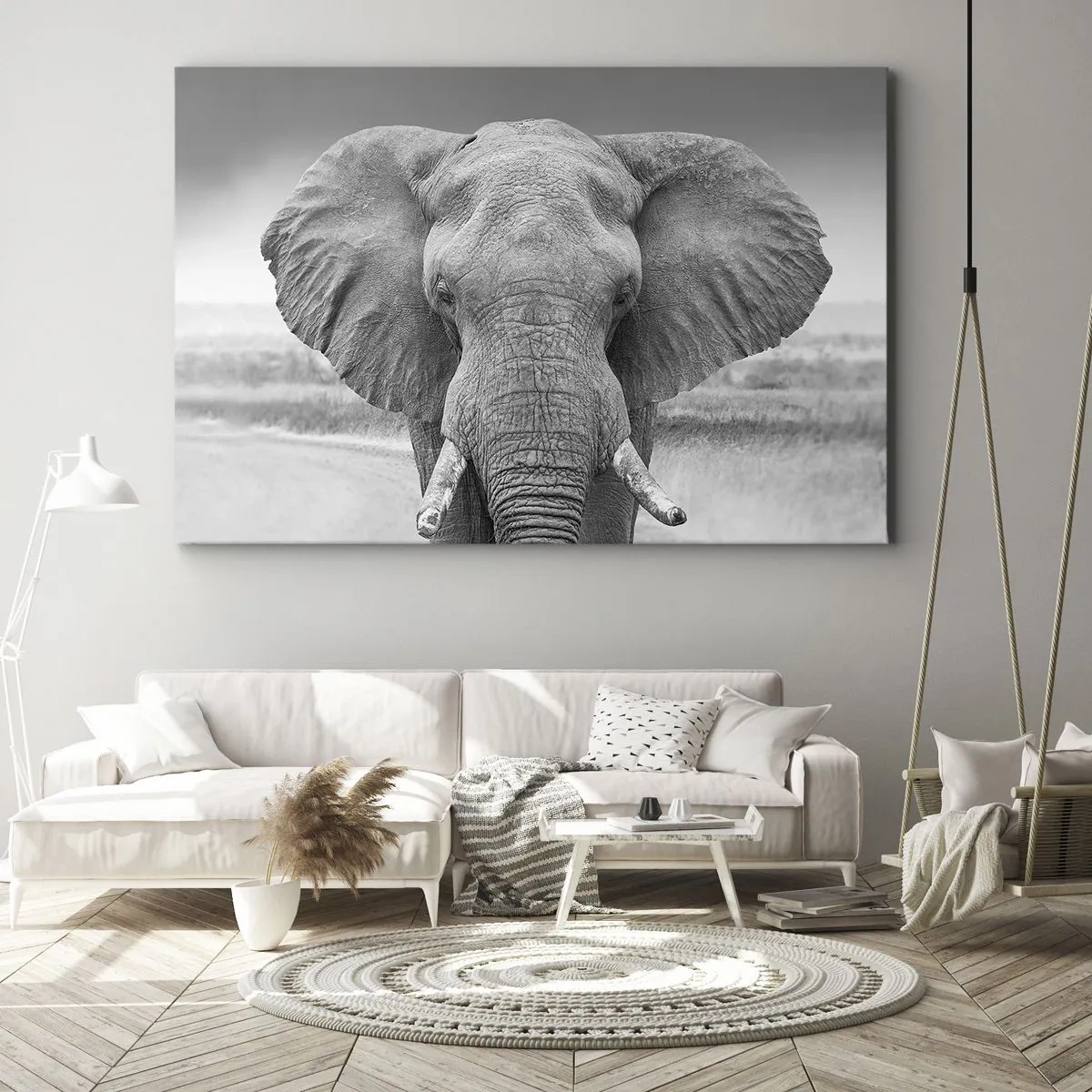 Tablou pe pânză Canvas - Portretul unui elefant în alb și negru - 70x50cm - Bun venit în lumea mea - Decorațiune modernă pentru perete pentru living și dormitor ARTTOR