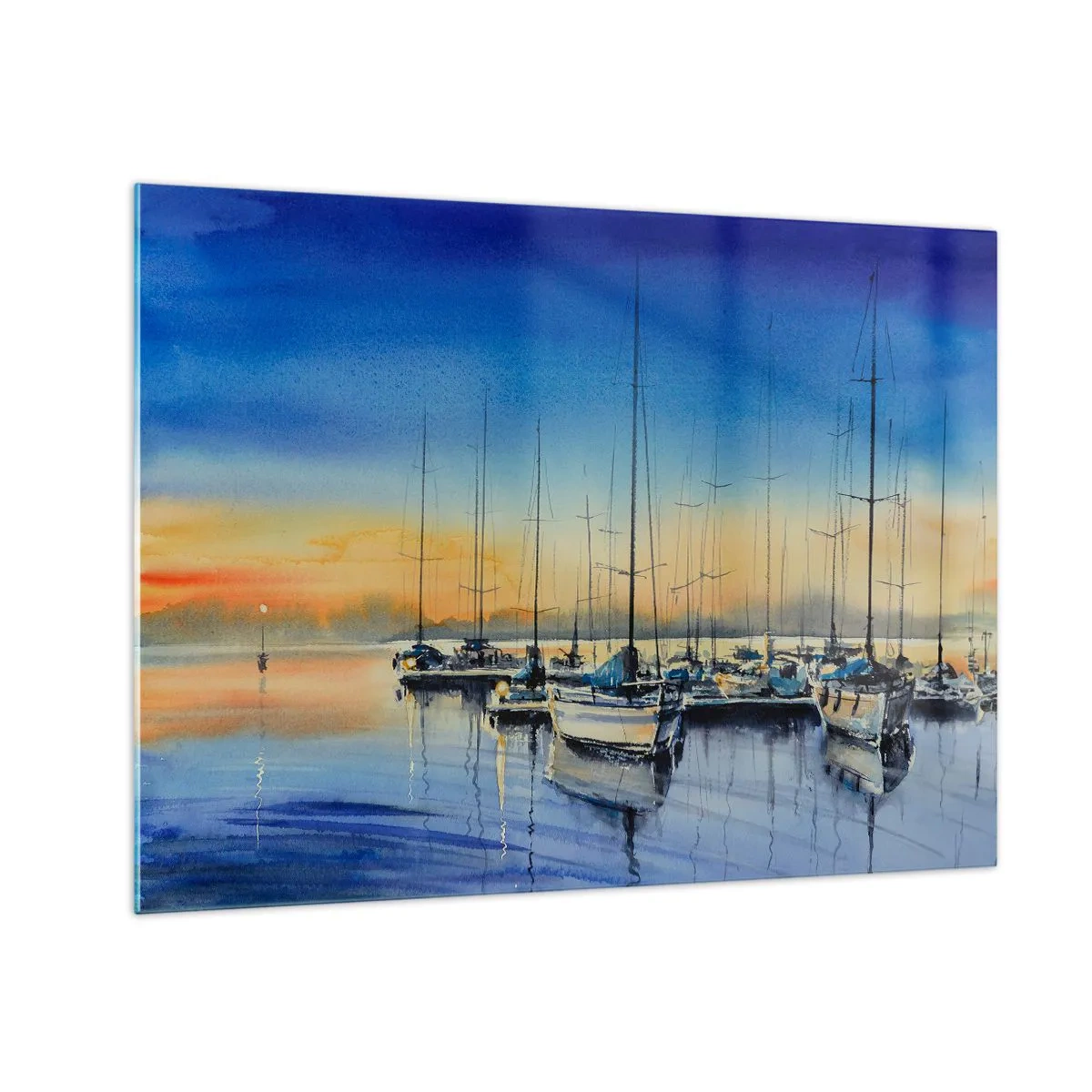 Tablou pe sticlă - Bărci cu pânze în port la apus - 70x50cm - Sfârșitul unei zile bune - Decorațiune modernă pentru perete pentru living și dormitor ARTTOR