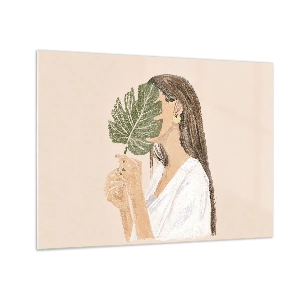 Tablou pe sticlă - femeie cu părul lung ține o frunză în fața feței. - 70x50cm - Portret misterios cu un evantai - Decorațiune modernă pentru perete pentru living și dormitor ARTTOR