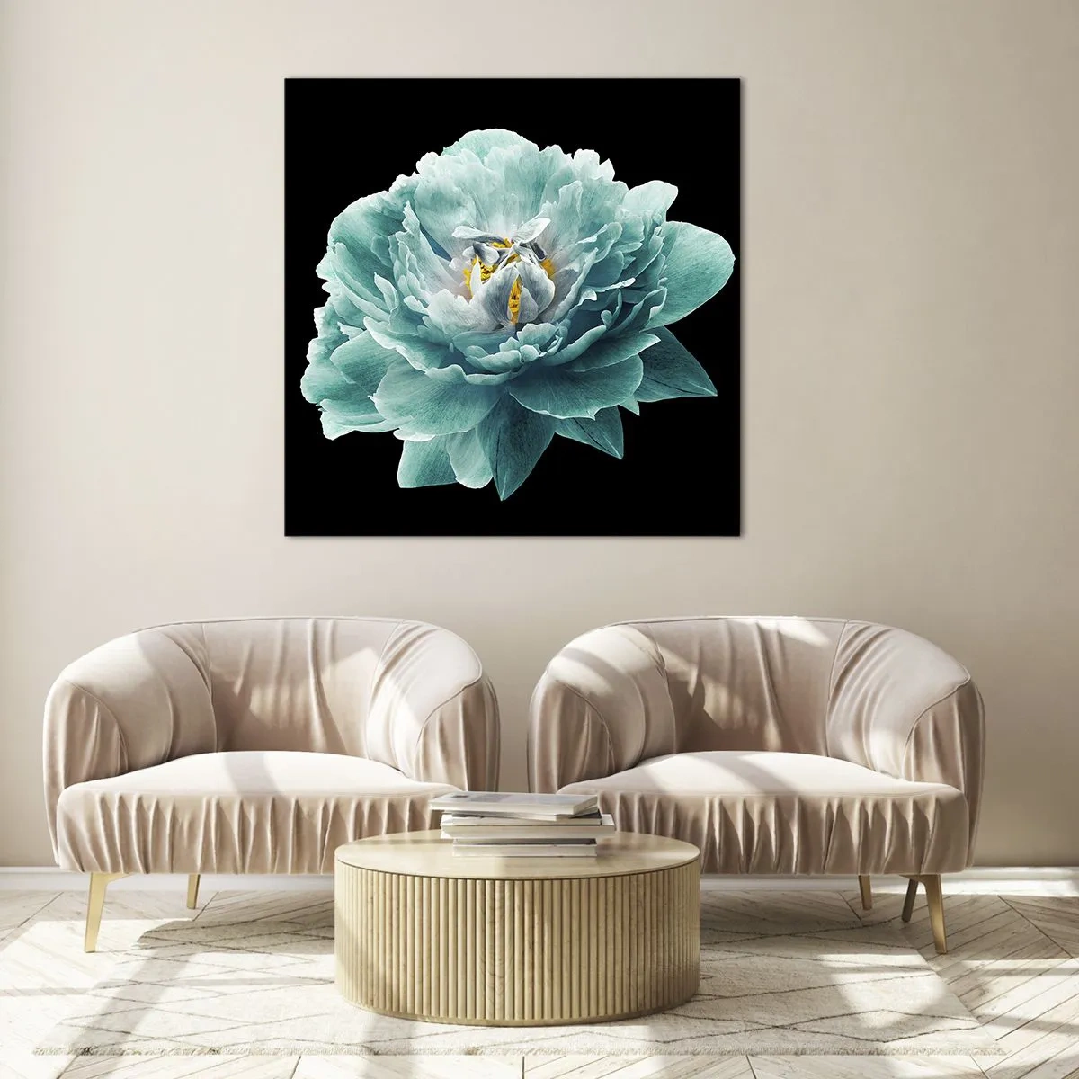 Tablou pe sticlă - Petale albastre și aurii - 50x50 cm