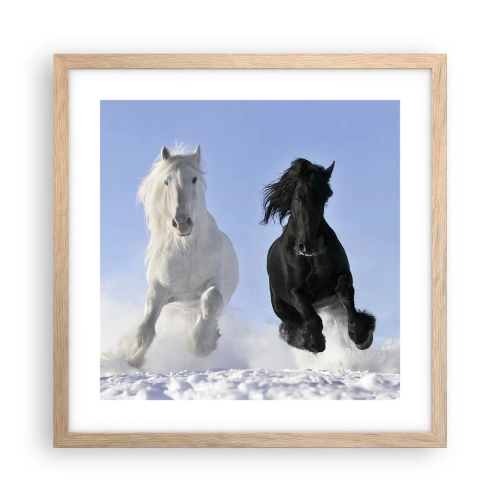 Poster în ramă de stejar deschis - Galop de alb și negru - 40x40 cm