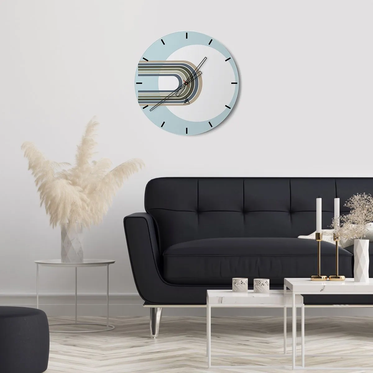 Ceas de perete - Ceas pe sticlă - Linii grafice în formă de magnet pe fundal albastru - 30x30cm - Atracție irezistibilă - Decorațiune modernă pentru perete pentru living, bucătărie și dormitor ARTTOR