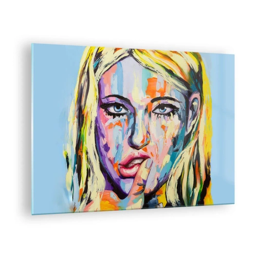 Tablou pe sticlă - Un portret colorat al unei femei cu o expresie gânditoare - 70x50cm - Privește-o drept în ochi - Decorațiune modernă pentru perete pentru living și dormitor ARTTOR