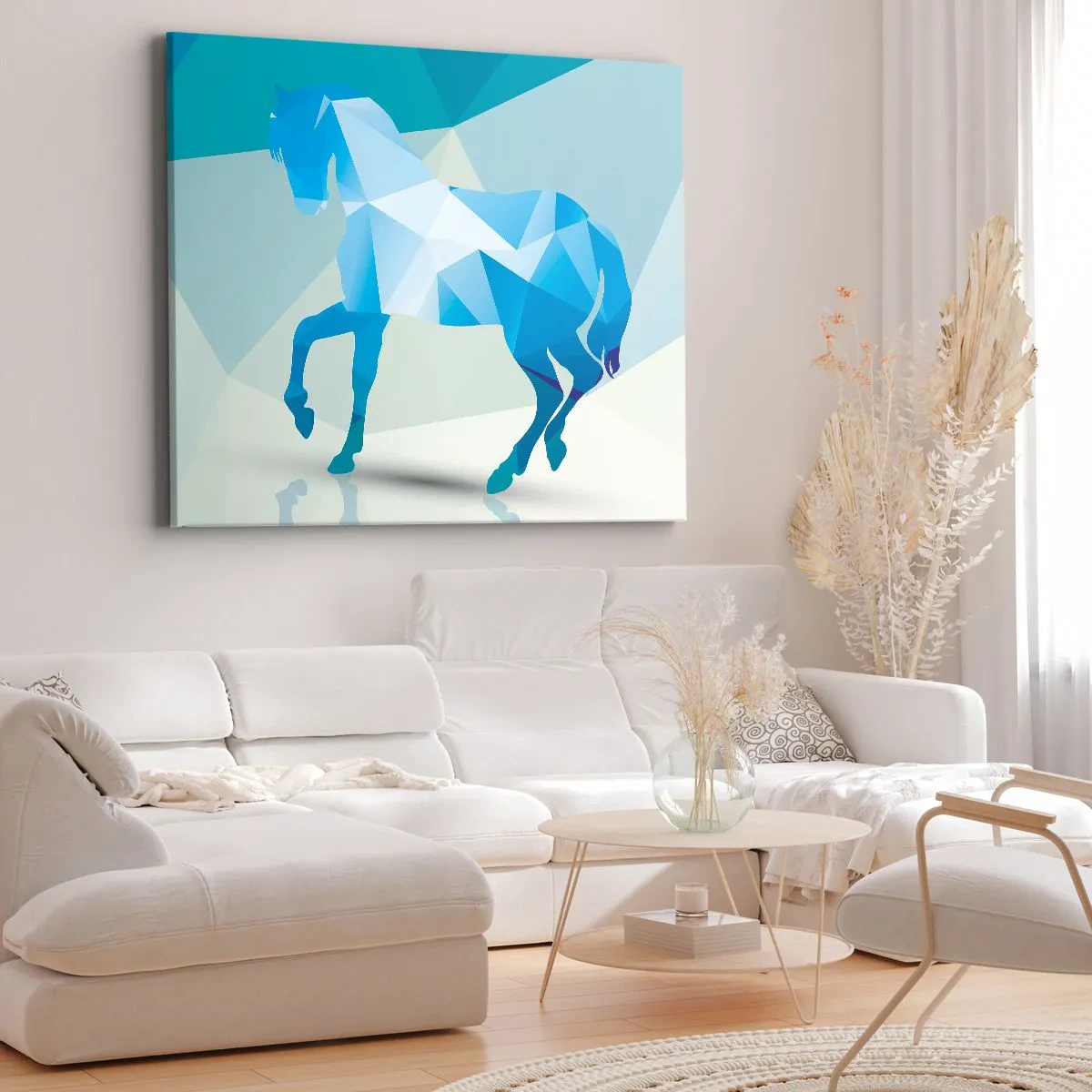 Tablou pe pânză Canvas - Siluetă geometrică a unui cal în nuanțe de albastru - 70x50cm - Cal geometric în turcoaz - Decorațiune modernă pentru perete pentru living și dormitor ARTTOR