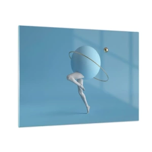 Tablou pe sticlă - O compoziție minimalistă a unei planete cu picioare umane pe albastru. - 70x50cm - Și planetele o iau razna - Decorațiune modernă pentru perete pentru living și dormitor ARTTOR