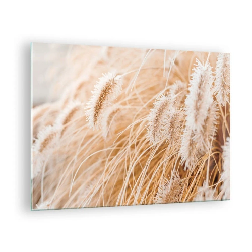 Tablou pe sticlă - Prim-plan al țepilor pufoși de iarbă în lumină aurie - 70x50cm - Foșnetul auriu al ierburilor - Decorațiune modernă pentru perete pentru living și dormitor ARTTOR