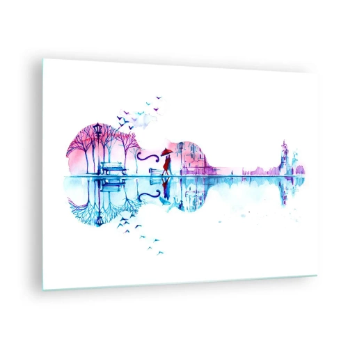 Tablou pe sticlă - Un peisaj în formă de chitară în stil acuarelă - 70x50cm - Îți voi aduce cântece de ploaie - Decorațiune modernă pentru perete pentru living și dormitor ARTTOR