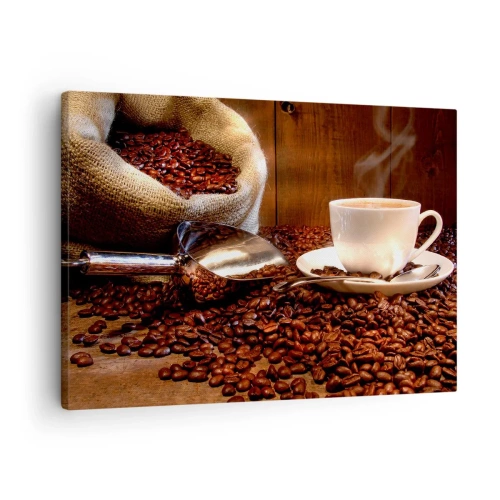 Tablou pe pânză Canvas - O ceașcă de cafea cu boabe de cafea și o pungă de cereale în fundal - 70x50cm - Poți să simți parfumul? - Decorațiune modernă pentru perete pentru living și dormitor ARTTOR