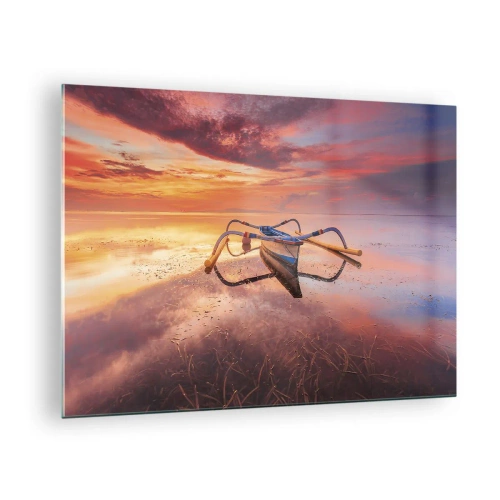 Tablou pe sticlă - Barcă tradițională pe ape calme la apus - 70x50cm - Liniștea unei seri tropicale - Decorațiune modernă pentru perete pentru living și dormitor ARTTOR