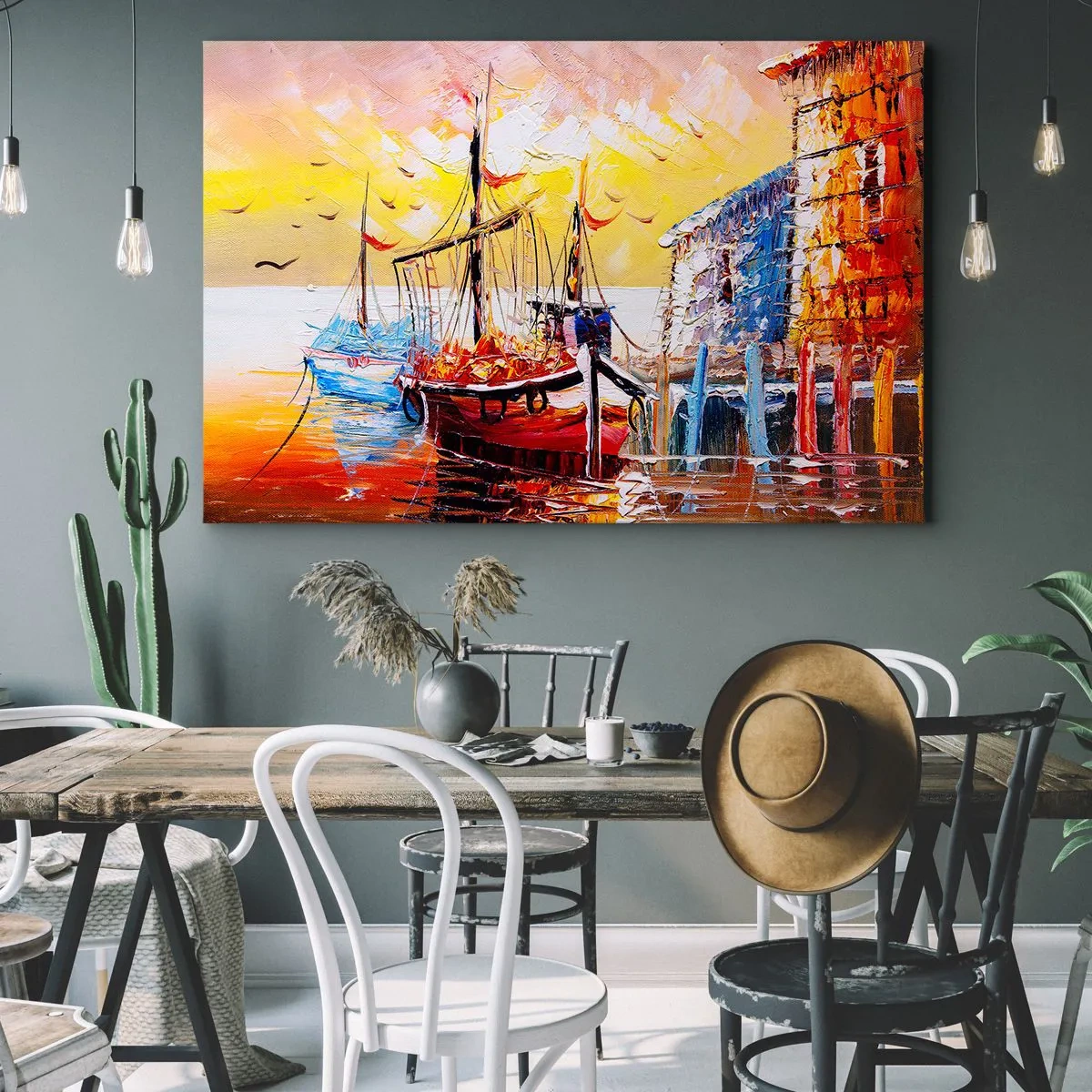 Tablou pe pânză Canvas - Port pitoresc la apus cu bărci de pescuit - 70x50cm - Întoarcere fericită - Decorațiune modernă pentru perete pentru living și dormitor ARTTOR