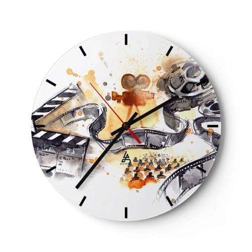Ceas de perete - Ceas pe sticlă - Bandă de film și cameră pe un fundal de detalii artistice în culori calde - 30x30cm - În țara viselor - Decorațiune modernă pentru perete pentru living, bucătărie și dormitor ARTTOR