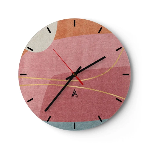 Ceas de perete - Ceas pe sticlă - Forme pastelate cu linii roz și aurii pe fundal - 30x30cm - Compoziție pastel cu fir de aur - Decorațiune modernă pentru perete pentru living, bucătărie și dormitor ARTTOR