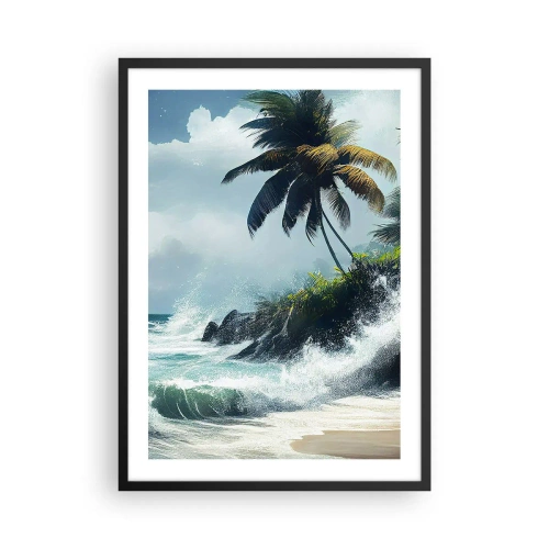 Poster în ramă neagră - Plajă tropicală cu palmieri și un ocean agitat - 50x70cm - Pe un țărm tropical - Decorațiune modernă pentru perete pentru living și dormitor ARTTOR