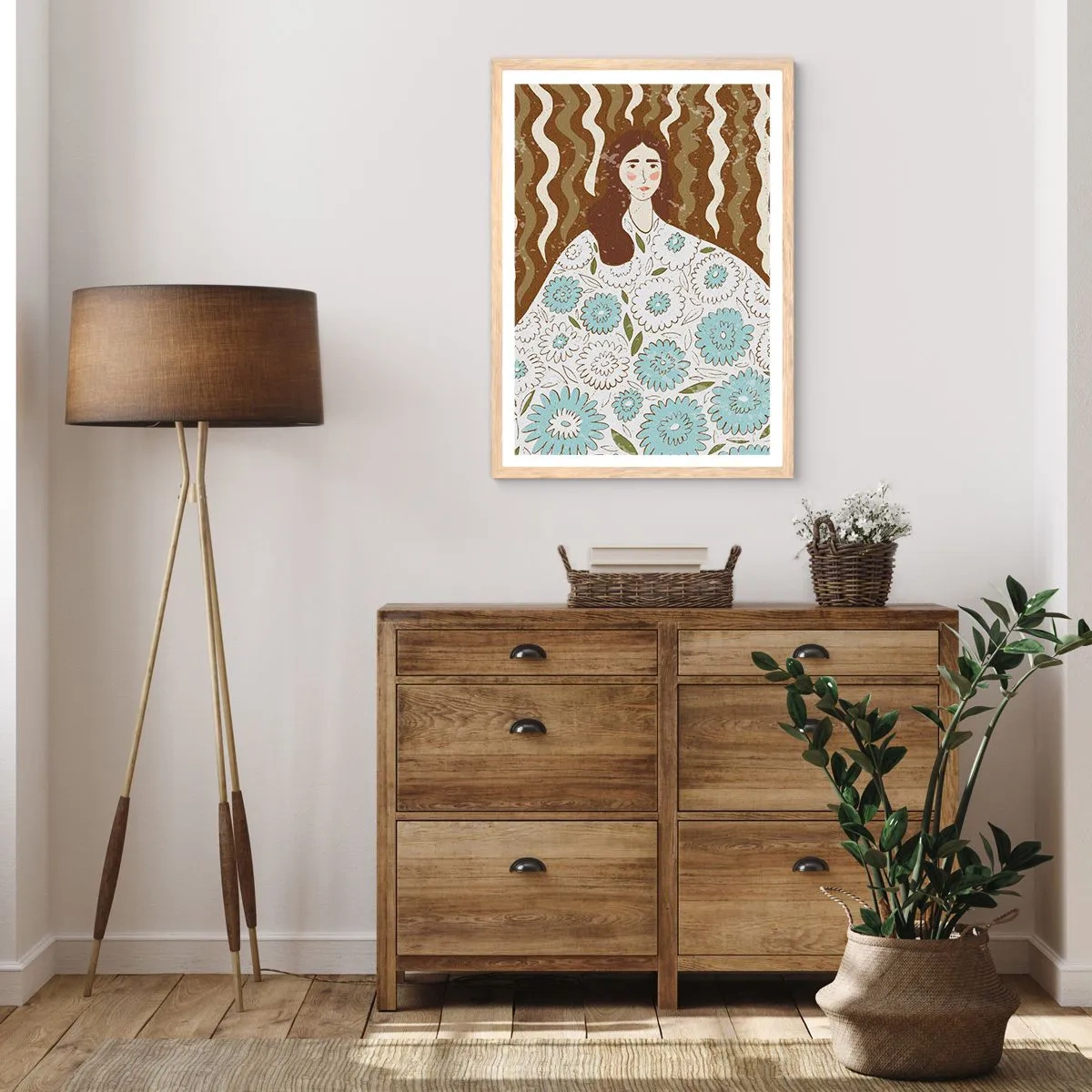 Poster în ramă de stejar deschis - Portret în rochie înflorată - 70x100 cm